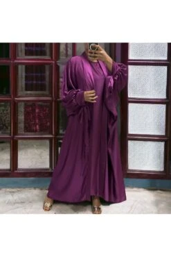 Gilet Et Robe Rayhana Très Ample Satiné Violet -Féminité Couture gilet et robe rayhana tres ample satine violet 2