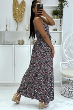 Longue Robe à Bretelle Motif Floral à Dominance Noire -Féminité Couture longue robe a bretelle motif floral a dominance noire 2