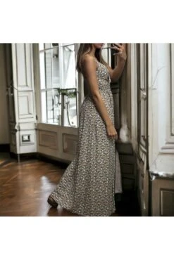 Longue Robe à Motif Moutarde Bretelles Amovible