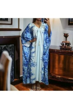 Longue Robe Ample Satiné Royal Motif Fleuris -Féminité Couture longue robe ample satine royal motif fleuris 2