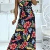 Longue Robe Avec Bretelle, Motif Feuillage à Dominance Marine -Féminité Couture longue robe avec bretelle motif feuillage a dominance marine