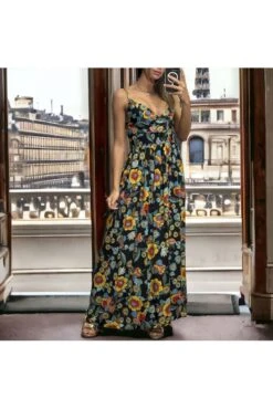 Longue Robe Avec Motif Fleuris Noir Bretelles Amovible -Féminité Couture longue robe avec motif fleuris noir bretelles amovible 2