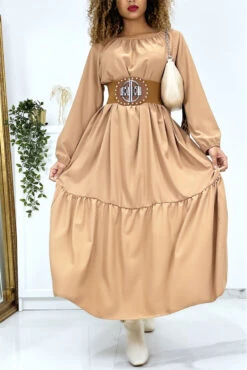 Longue Robe évasé Camel Col Rond -Féminité Couture longue robe beige col v over size 2