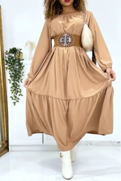 Longue Robe évasé Camel Col Rond
