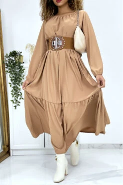 Longue Robe évasé Camel Col Rond -Féminité Couture longue robe beige col v over size 3