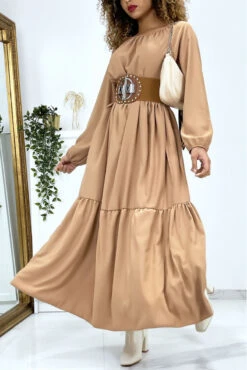 Longue Robe évasé Camel Col Rond -Féminité Couture longue robe beige col v over size 4