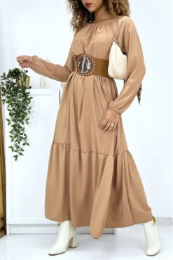 Longue Robe évasé Camel Col Rond -Féminité Couture longue robe beige col v over size 5