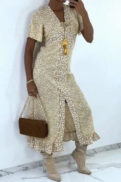 Longue Robe Beige Motif Liberty Avec Fente Et Volant -Féminité Couture longue robe beige motif liberty avec fente et volant 6