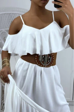 Longue Robe Blanche évasé à Volant Avec Bretelles -Féminité Couture longue robe blanche evase a volant avec bretelles 3