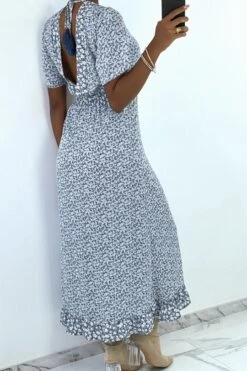 Longue Robe Bleue Motif Liberty Avec Fente Et Volant -Féminité Couture longue robe bleue motif liberty avec fente et volant 8
