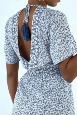 Longue Robe Bleue Motif Liberty Avec Fente Et Volant -Féminité Couture longue robe bleue motif liberty avec fente et volant 9