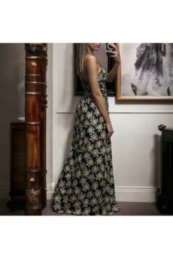 Longue Robe Bretelle à Motif En Noir Et Jaune 25055 Croisé Au Buste -Féminité Couture longue robe bretelle a motif en noir et jaune 25055 croise au buste 2