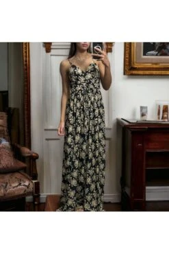 Longue Robe Bretelle à Motif En Noir Et Jaune 25055 Croisé Au Buste