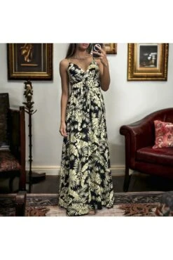 Longue Robe Bretelle à Motif Feuille Noir Croisé Au Buste
