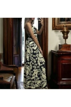 Longue Robe Bretelle à Motif Feuille Noir Croisé Au Buste -Féminité Couture longue robe bretelle a motif feuille noir croise au buste 3