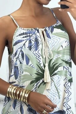 Longue Robe Bretelle à Motif Vert Avec Dentelle Et Pompon -Féminité Couture longue robe bretelle a motif vert avec dentelle et pompon 2