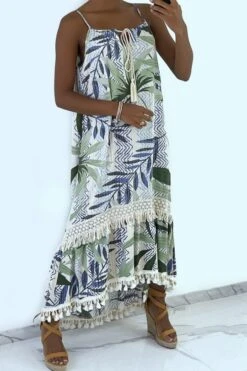 Longue Robe Bretelle à Motif Vert Avec Dentelle Et Pompon