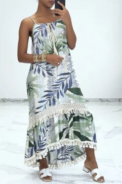 Longue Robe Bretelle à Motif Vert Avec Dentelle Et Pompon -Féminité Couture longue robe bretelle a motif vert avec dentelle et pompon 6