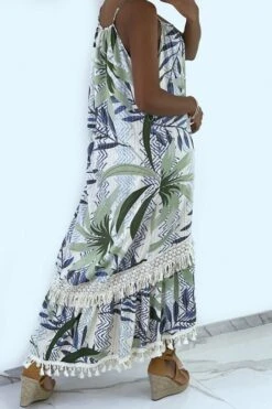 Longue Robe Bretelle à Motif Vert Avec Dentelle Et Pompon -Féminité Couture longue robe bretelle a motif vert avec dentelle et pompon 9