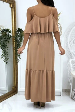 Longue Robe Camel évasé à Volant Avec Bretelles -Féminité Couture longue robe camel evase a volant avec bretelles 1