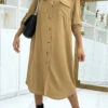 Longue Robe Chemise Camel Poches Saharienne -Féminité Couture longue robe chemise camel poches saharienne