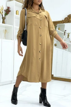 Longue Robe Chemise Camel Poches Saharienne -Féminité Couture longue robe chemise camel poches saharienne 2