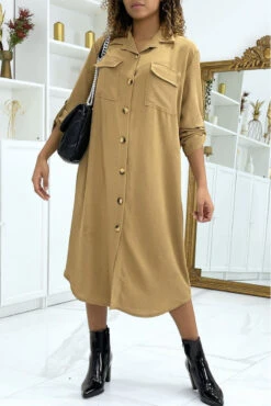 Longue Robe Chemise Camel Poches Saharienne