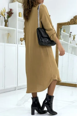 Longue Robe Chemise Camel Poches Saharienne -Féminité Couture longue robe chemise camel poches saharienne 3