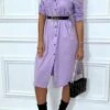Longue Robe Chemise Lila Avec Poches Ceinture Et Fente -Féminité Couture longue robe chemise lila avec poches ceinture et fente