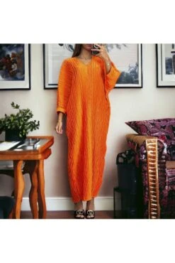 Longue Robe Col V Orange Avec Motif
