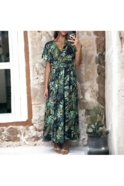 Longue Robe Croisé Jaune Et Noir Motif Feuilles -Féminité Couture longue robe croise jaune et noir motif feuilles 1