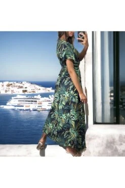 Longue Robe Croisé Jaune Et Noir Motif Feuilles -Féminité Couture longue robe croise jaune et noir motif feuilles 2