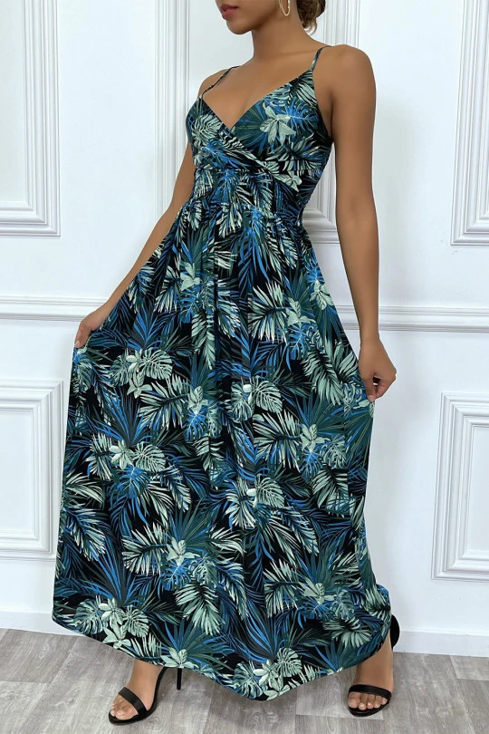Longue Robe D'été Bleu Royal à Imprimé Tropical Et Cintrée à La Taille. 4 Longue Robe D'été Bleu Royal à Imprimé Tropical Et Cintrée à La Taille. – Image 2