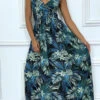 Longue Robe D'été Bleu Royal à Imprimé Tropical Et Cintrée à La Taille. -Féminité Couture longue robe d ete bleu royal a imprime tropical et cintree a la taille