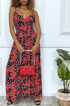 Longue Robe D'été Motif Fleure Rouge Croisé Au Buste Et Cintré Par élastique -Féminité Couture longue robe d ete motif fleure rouge croise au buste et cintre par elastique 1