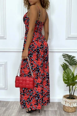 Longue Robe D'été Motif Fleure Rouge Croisé Au Buste Et Cintré Par élastique -Féminité Couture longue robe d ete motif fleure rouge croise au buste et cintre par elastique 3