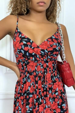 Longue Robe D'été Motif Fleure Rouge Croisé Au Buste Et Cintré Par élastique -Féminité Couture longue robe d ete motif fleure rouge croise au buste et cintre par elastique 5