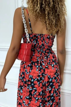 Longue Robe D'été Motif Fleure Rouge Croisé Au Buste Et Cintré Par élastique -Féminité Couture longue robe d ete motif fleure rouge croise au buste et cintre par elastique 6