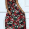 Longue Robe D'été Rouge à Imprimé Tropical Et Cintrée à La Taille. -Féminité Couture longue robe d ete rouge a imprime tropical et cintree a la taille