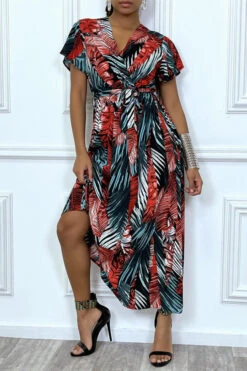 Longue Robe D'été Rouge à Manches Courtes Et Col Cache-coeur Aux Motifs Palmiers -Féminité Couture longue robe d ete rouge a manches courtes et col cache coeur aux motifs palmiers 3