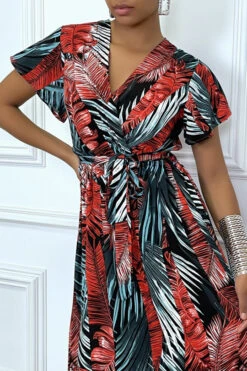 Longue Robe D'été Rouge à Manches Courtes Et Col Cache-coeur Aux Motifs Palmiers -Féminité Couture longue robe d ete rouge a manches courtes et col cache coeur aux motifs palmiers 5