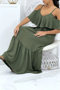 Longue Robe Kaki évasé à Volant Avec Bretelles -Féminité Couture longue robe kaki evase a volant avec bretelles 3