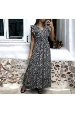 Longue Robe Liberty Marine Froncé à La Taille -Féminité Couture longue robe liberty marine fronce a la taille 1