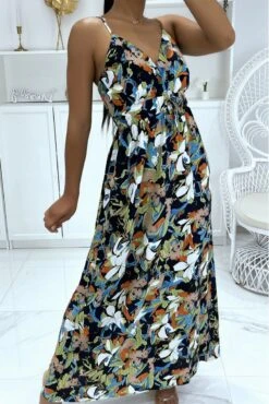 Longue Robe Marine à Motif Floral Et Bretelle -Féminité Couture longue robe marine a motif floral et bretelle 3