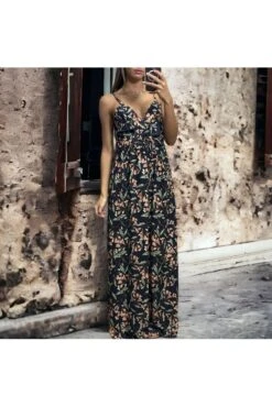 Longue Robe Marine Croisé à Bretelle Motif Fleuris -Féminité Couture longue robe marine croise a bretelle motif fleuris 4