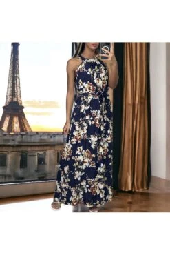 Longue Robe Marine Motif Fleuris Avec Ceinture -Féminité Couture longue robe marine motif fleuris avec ceinture 2