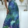 Longue Robe Motif Fleuris Bleu Avec Strass Et Plis Au Buste -Féminité Couture longue robe motif fleuris bleu avec strass et plis au buste