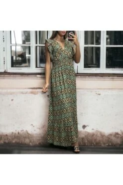 Longue Robe Motif Verte Croisé Et Froncé à La Taille -Féminité Couture longue robe motif verte croise et fronce a la taille 3