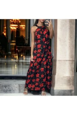 Longue Robe Noir Et Rouge Motif Fleuris Avec Ceinture -Féminité Couture longue robe noir et rouge motif fleuris avec ceinture 2