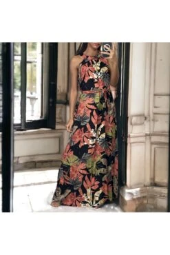 Longue Robe Noir Motif Fleuris Avec Ceinture -Féminité Couture longue robe noir motif fleuris avec ceinture 2